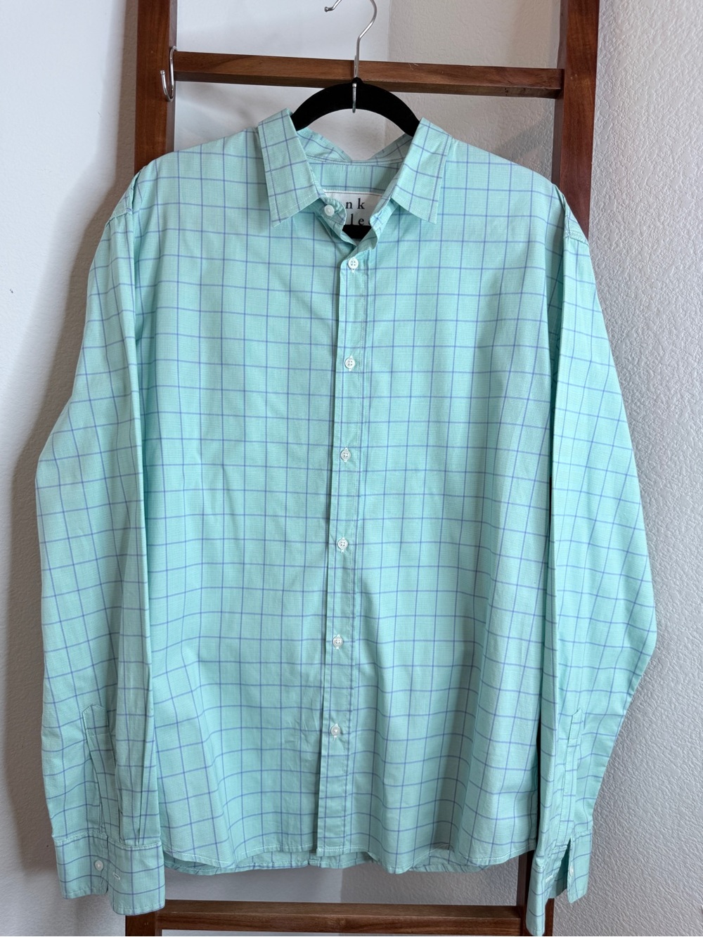 Frank & Eileen Paul Men’s Large Mint Green Blue Plaid Cotton Button Down